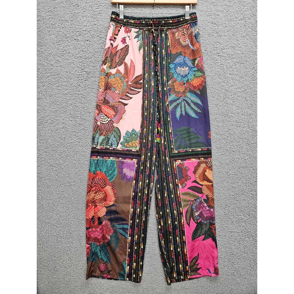 House of Harlow 1960 Wide Leg Pants M Multicolor Floral Patchwork Boho Satin